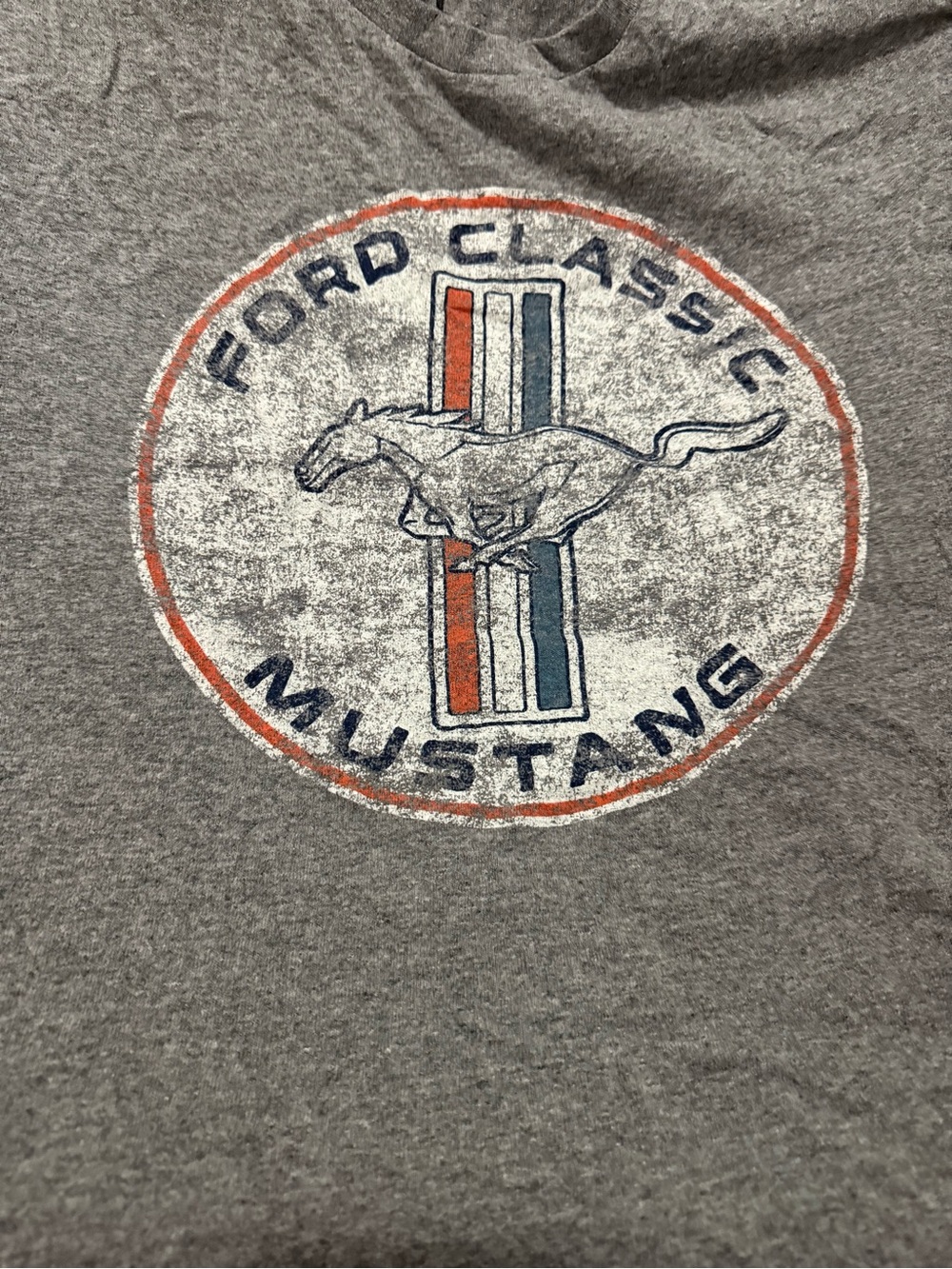 Hybrid Apparel Gray Ford Classic Mustang Graphic Tee with Red & Blue Accents